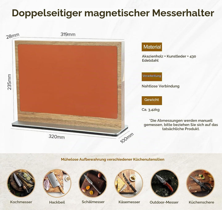 XINZUO Magnetisch Messerhalter Akazienholz, Zweifarbige Lederoberfläche, Doppelseitig erhältlich, Oh