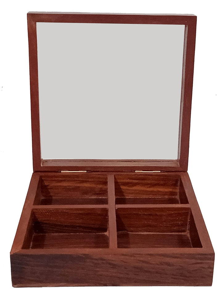 Purpledip Holzkiste mit 4 Fächern und transparenter Abdeckung, ideal für Gewürze, Schmuck oder Schmu
