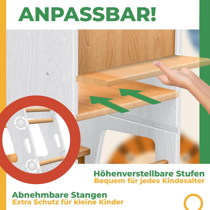 KIDIZ® Lernturm für Kinder ab 1 Jahr inkl. Lernuhr | 3-stufig Höhenverstellbarer Tritthocker aus Kie