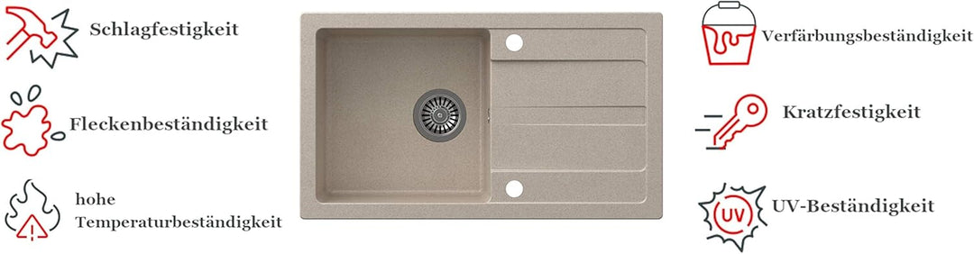 VBChome Spülbecken mit Armatur 77 x 44 cm Beige Granit Einzelbecken Einbauspüle Abtroffläche gespren