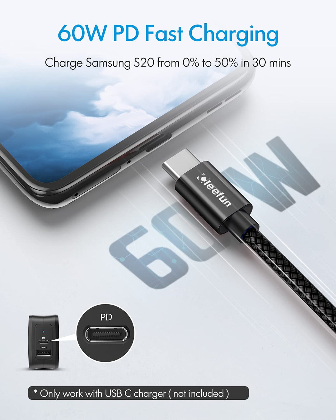 CLEEFUN USB C auf USB C Kabel 8M, USB C Ladekabel 3A 60W, Kompatibel mit Mac-Book Pro, i-Pad Pro, Ga