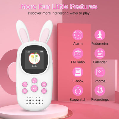 16GB Bluetooth MP3 Player , Niedlicher Hase Kinder Musik Player mit Kopfhörer & Lautsprecher, mit FM