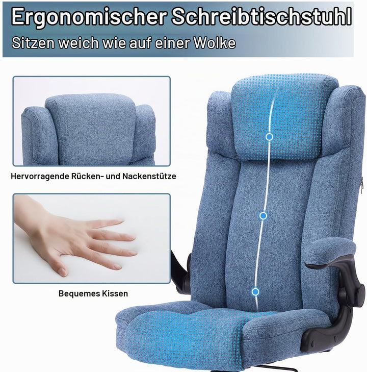 Bürostuhl Ergonomischer Computerstuhl 150KG Belastbarkeit Chefsessel Verstellbare Kopfstütze Flip-up