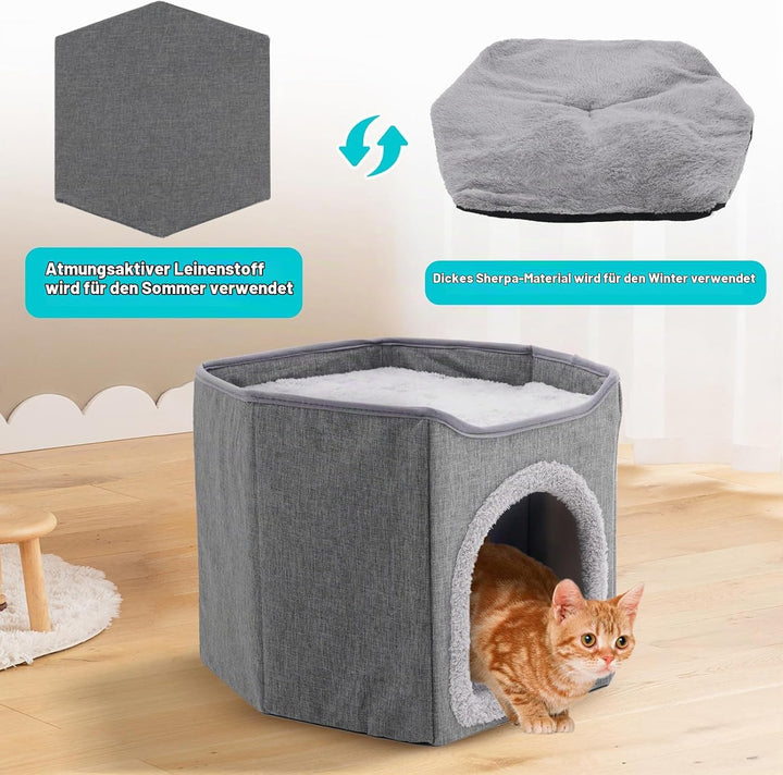 Faltbares Katzenhaus Indoor grosse Katzen mit 2 abnehmbaren Kissen und Kratzbrett Katzenhaus Höhle f