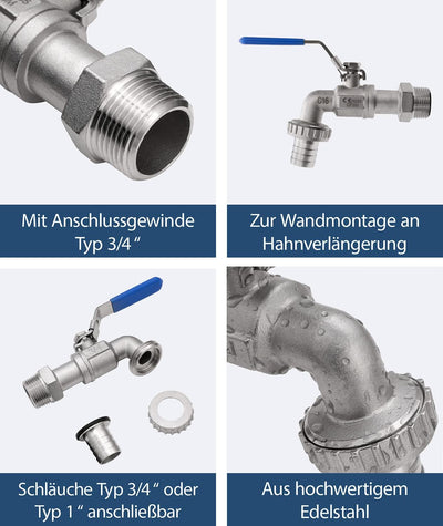 Sanitop-Wingenroth Edelstahl Kugelauslaufventil 3/4 | Wasserhahn Garten | Hebel-Schliess-Sicherung |