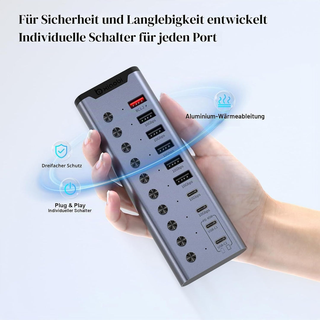 Aktiver USB-Hub, 10-Port USB-C-Hub mit 5 USB-A 3.2, 2 USB-C 3.2 und BC1.2 sowie 2 PD 45W Ladeanschlü