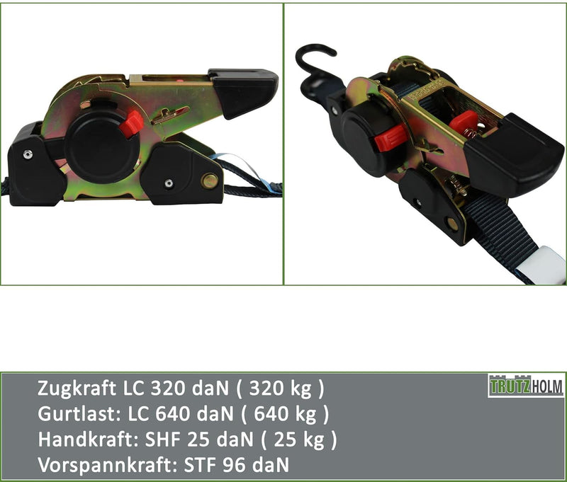 Set Automatik Spanngurt Zurrgurt Gurte 25mm 320/640 daN selbstaufrollend mit S-Haken (1,8 Meter) 1,8