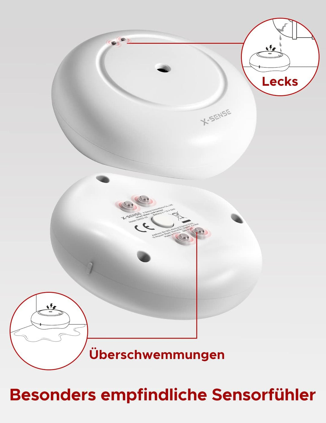 X-Sense Smart Wassermelder mit Batterie, WLAN Wassersensor, kompakter Überschwemmungssensor mit Eins
