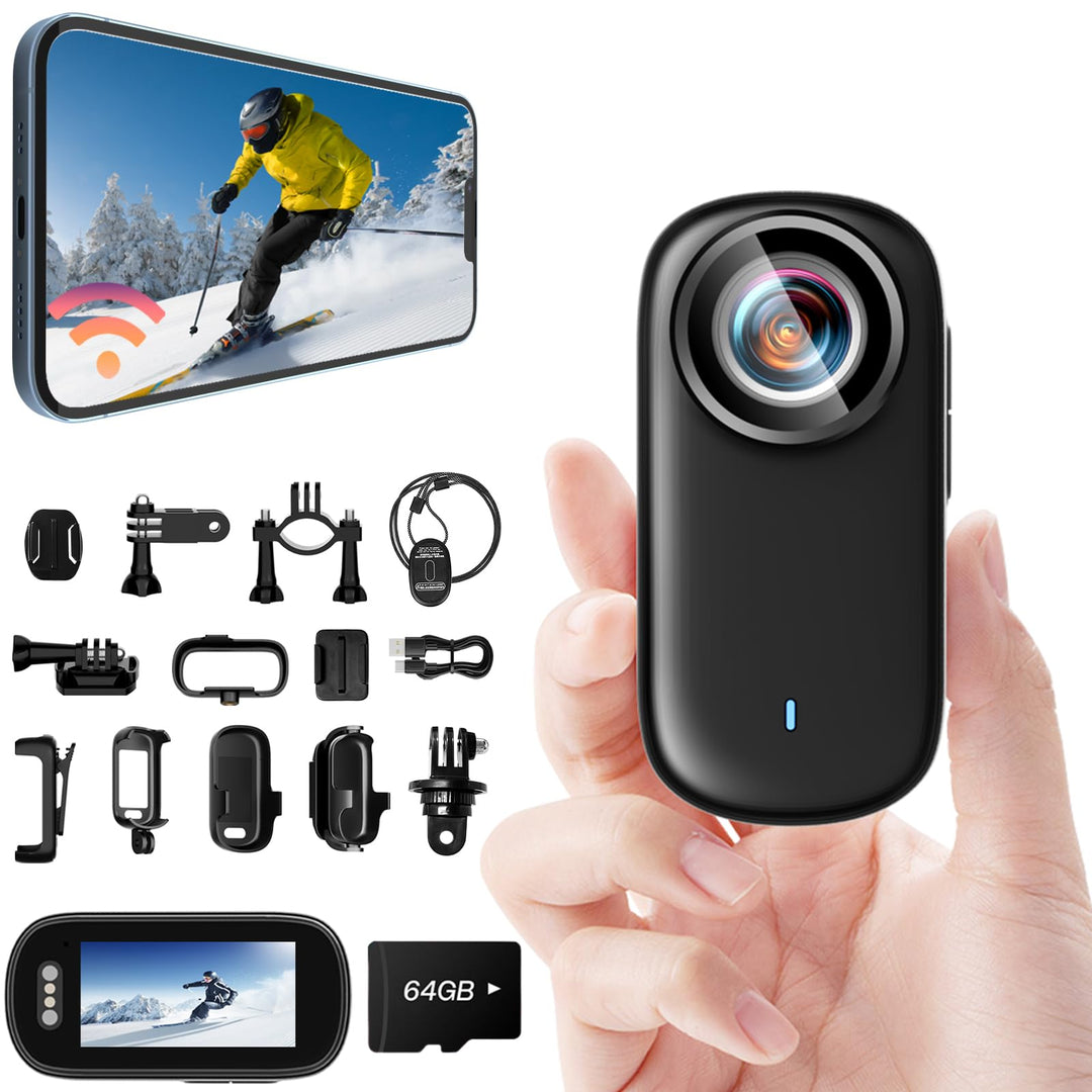 Mini Action Cam WiFi mit Bildschirm, 4K UHD & 150° Weitwinkel IP65 wasserdichte Bodycam 4K 64GB, Tra