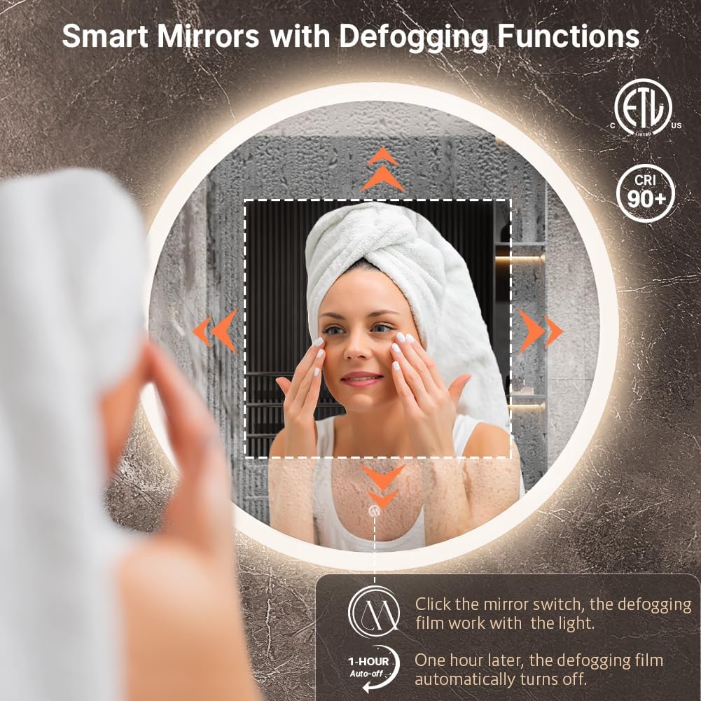 70cm Round led Bathroom Mirror with Lights 3D Backlit Mirror 3 Color Temperatures Anti-Fog Adjustabl