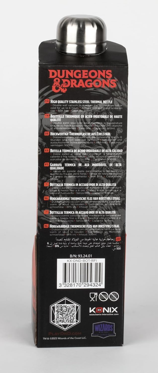 Konix Dungeons & Dragons Isolierflasche - Edelstahl - 500 ml - Roll for Initiative-Motiv - Rot Dunge