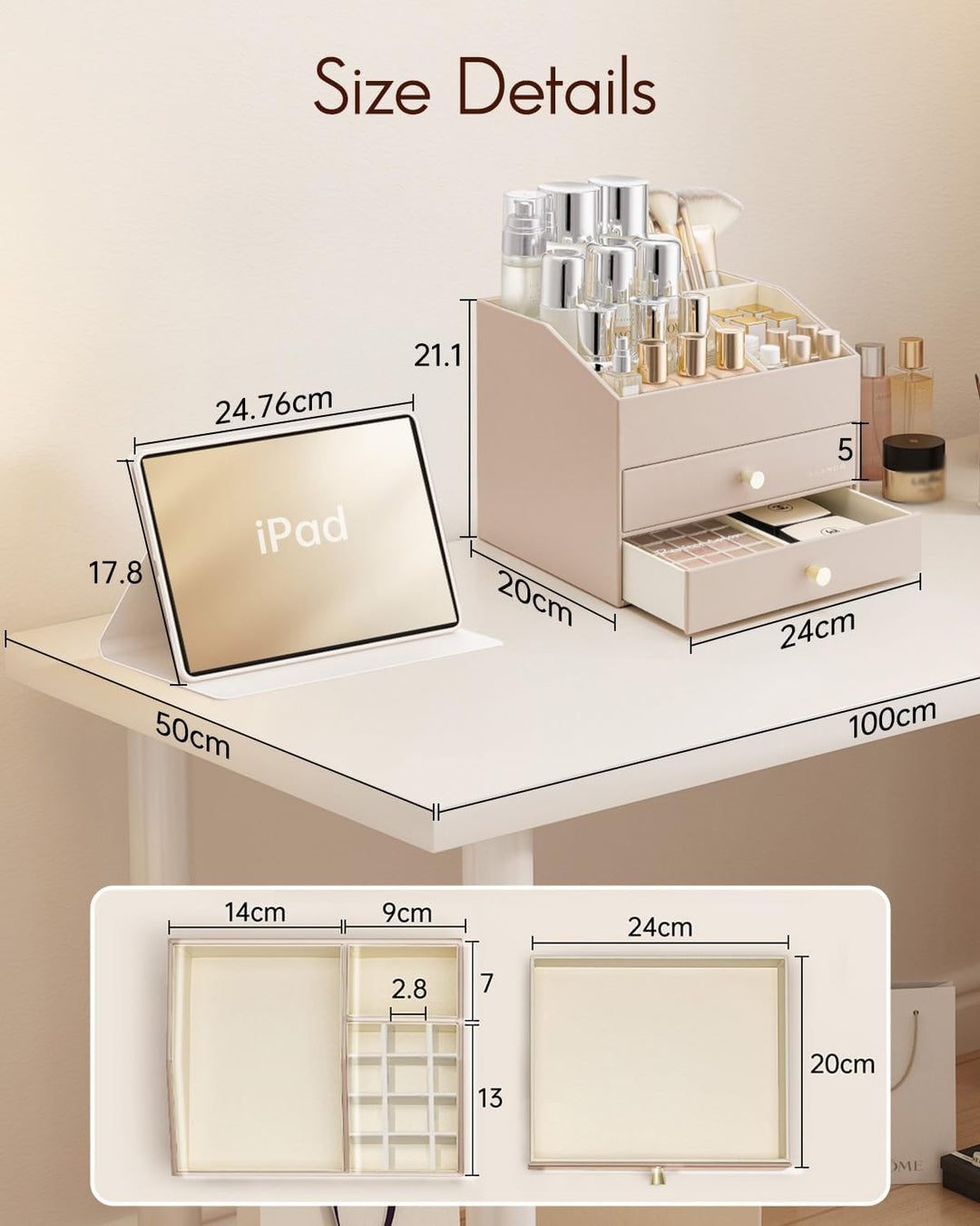 VLANDO Make up Organizer mit 3 Schubladen, Schminktisch Kosmetik Skincare Parfüm Organizer, für Bade