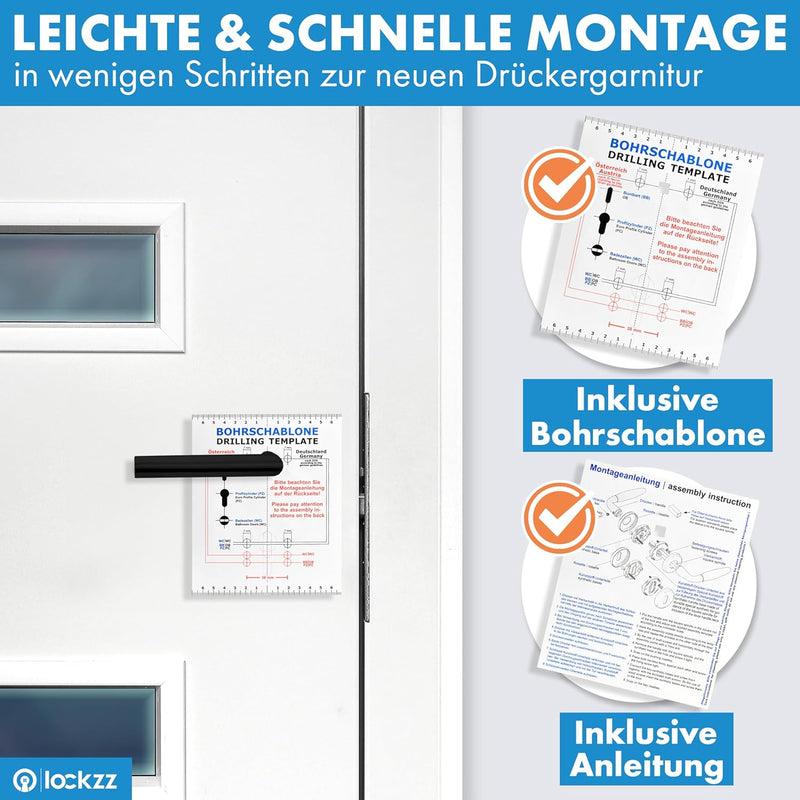 lockzz Türgriff Drückergarnitur Würzburg-II, Edelstahl schwarz matt, Türbeschlag für Wohnungseingang