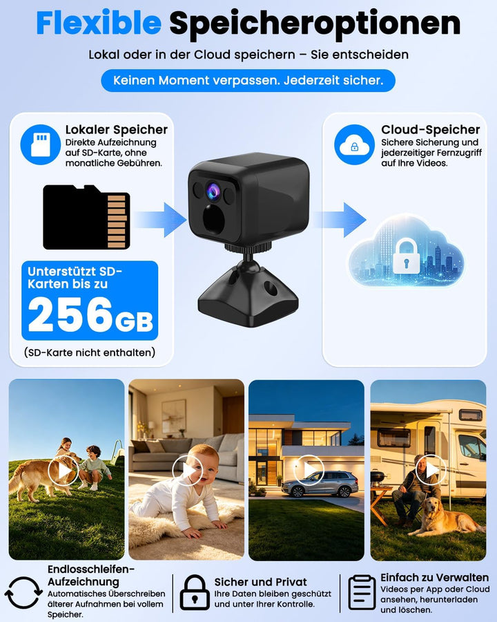 UCOCARE Mini Überwachungskamera Innen Ohne WLAN, 4K Mini Kamera mit Akku 5000mAh, WiFi &amp; AP Modus, N
