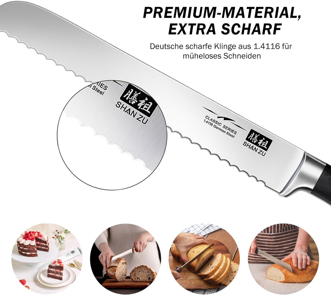 SHAN ZU Brotmesser Messer Wellenschliff Küchenmesser Edelstahl 20 cm - CLASSIC Series, Brotmesser