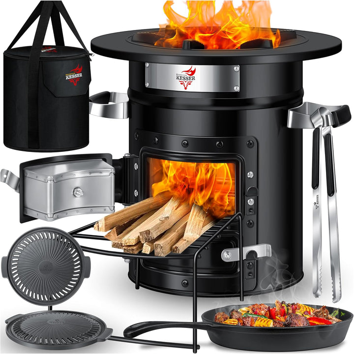 KESSER® Raketenofen inkl. Grillpfanne aus Gusseisen, Grillplatte, Grillzange & Tragetasche | Dutch O
