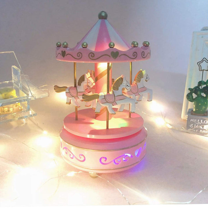 Karussell Hölzernes Vintage Spieluhr 4 Pferd Rotierende Musikbox mit bunter Beleuchtung LED Leuchten