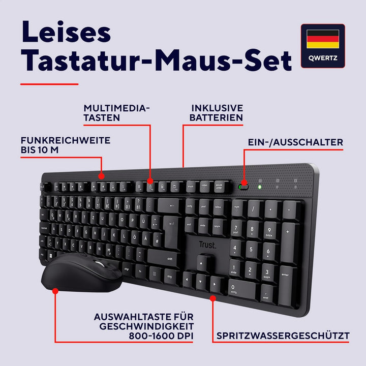 Trust Ymo II Leise Tastatur Maus Set Kabellos Deutsches QWERTZ Layout, Flachen Tasten, Spritzwasserg