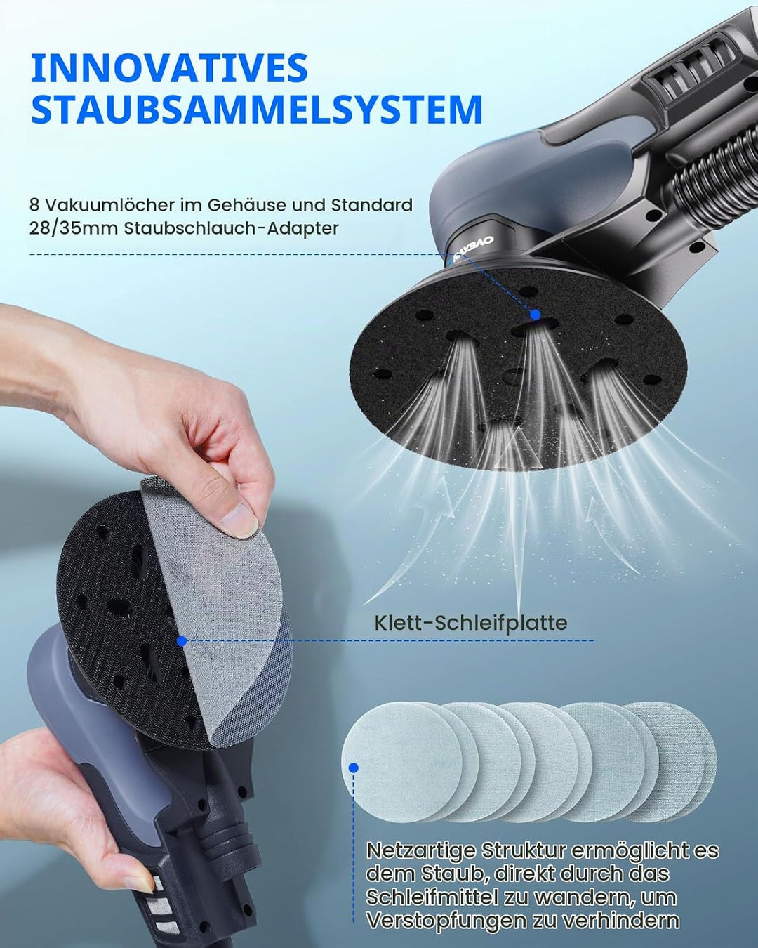 350W Bürstenloser Exzenterschleifer mit 150mm Schleifteller, 5mm Exzentrizität Exzenter Schleifer, 6