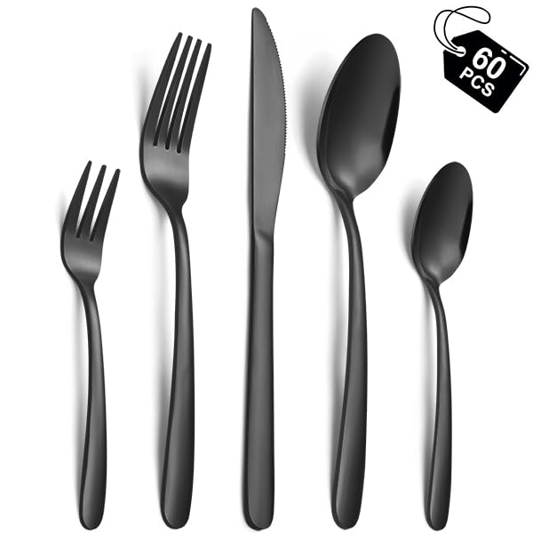 Hunnycook Besteck Set 12 personen, 60 Stück Besteck Schwarz Edelstahl, Schwarzes Besteck mit Gabeln,