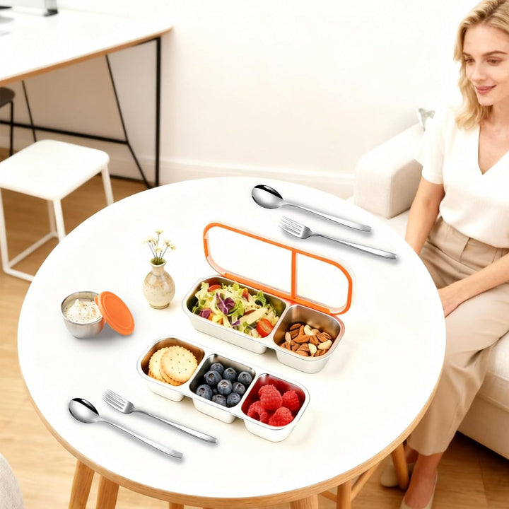 2 Stück Edelstahl Snackbox mit Fächern, wiederverwendbarer Snackbehälter mit luftdichtem Decke, ausl