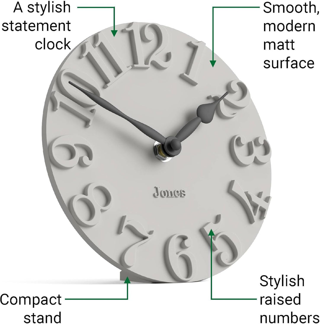 JONES CLOCKS® Hampstead Schreibtisch Uhr | Freistehend | Hellgrau | Elegante, erhabene Ziffern | Ide