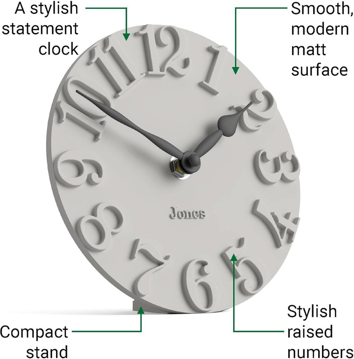 JONES CLOCKS® Hampstead Schreibtisch Uhr | Freistehend | Hellgrau | Elegante, erhabene Ziffern | Ide