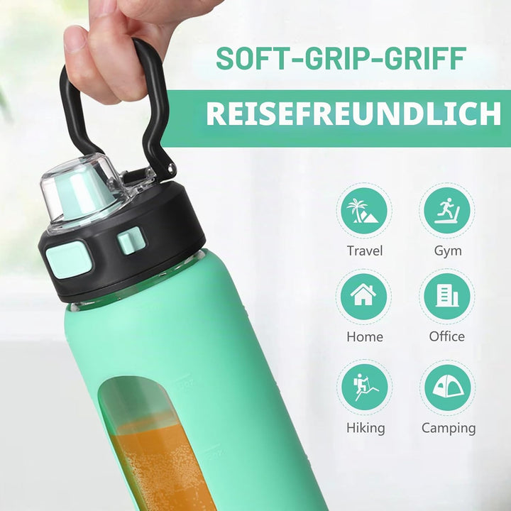 BLUEGO 700ml Trinkflasche Glas mit Strohhalm und Griff Auslaufsichere Wasserflasche mit Silikonhülle