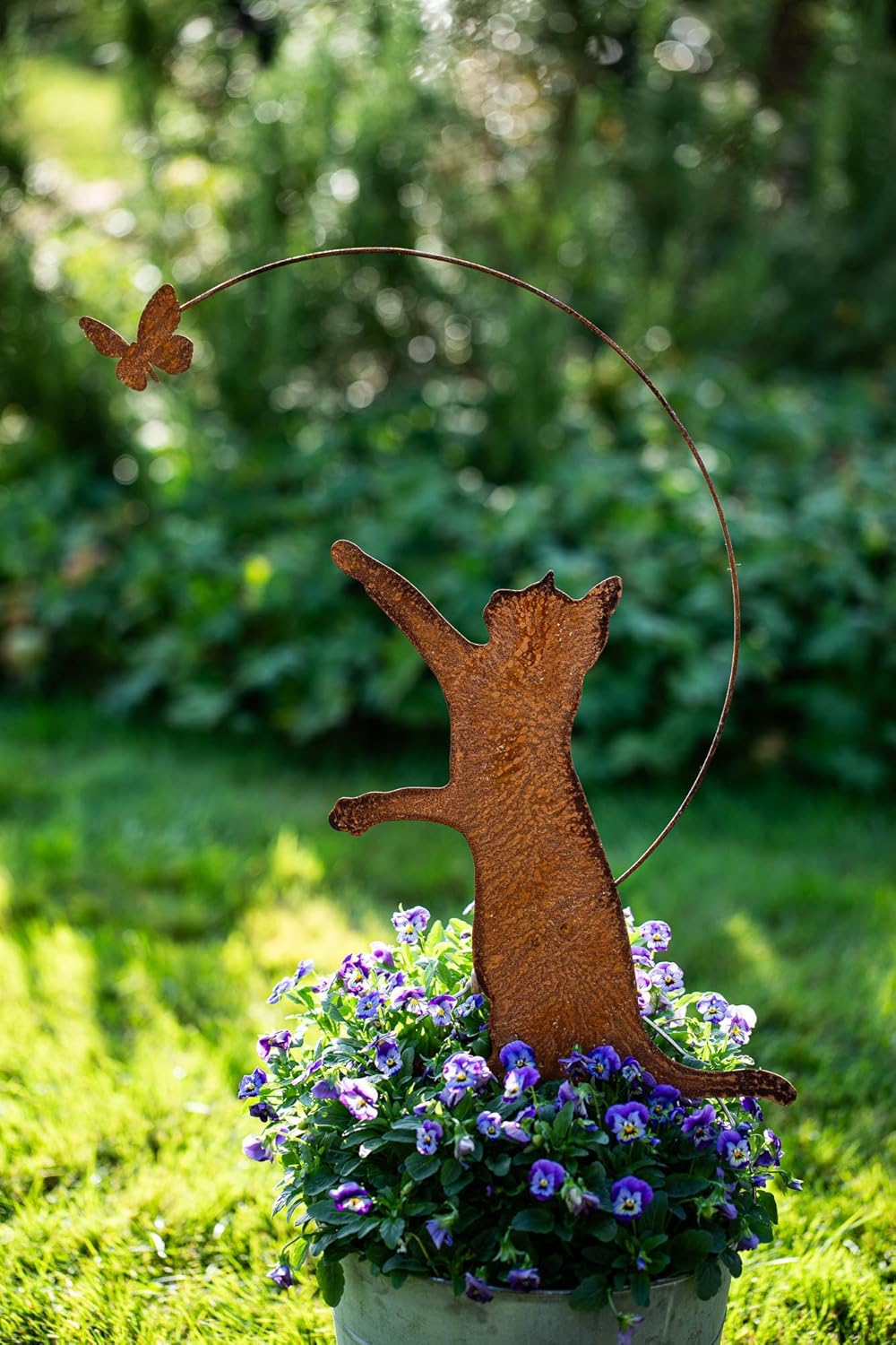 Bornhöft Gartenstecker Katze mit Schmetterling höhe ca. 55cm Metall Rost Gartendeko Edelrost rostige