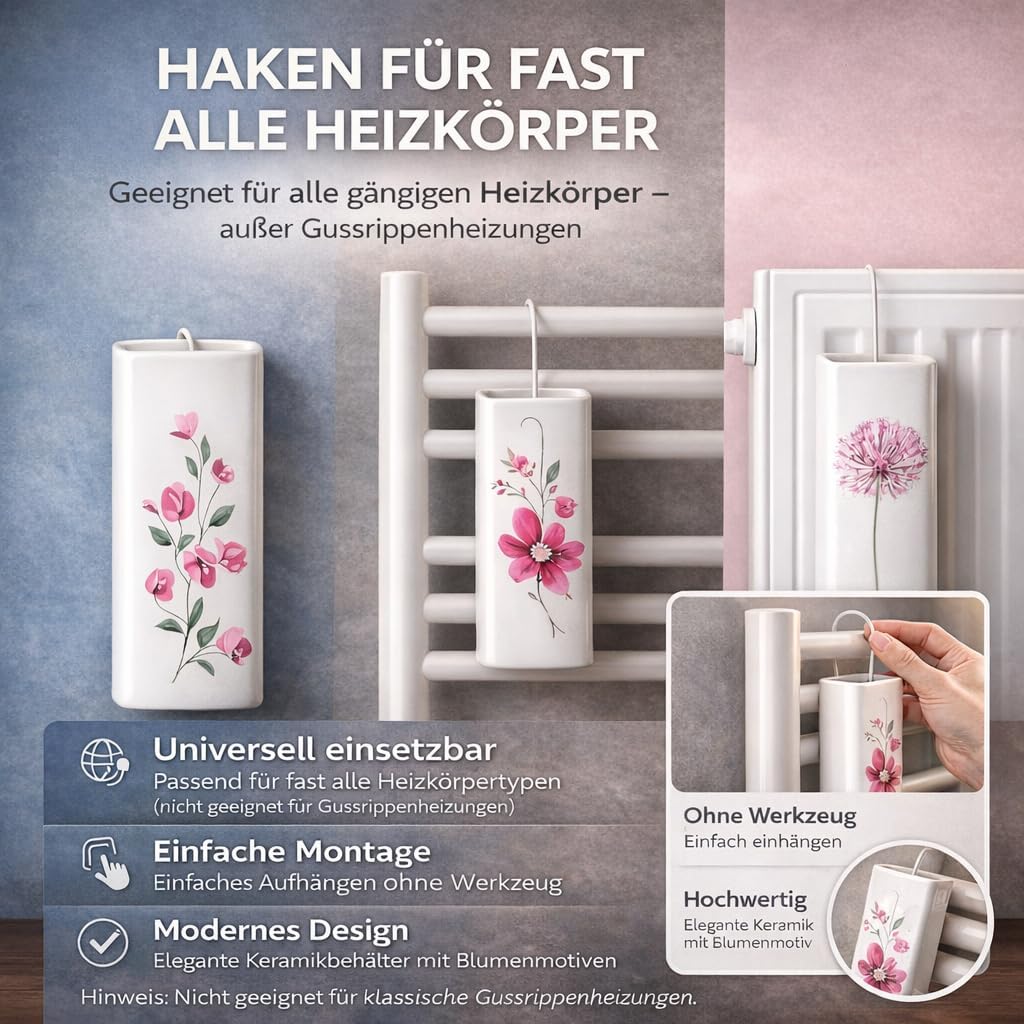 4er Set Luftbefeuchter Heizung Keramik 380ml Heizkörper Verdunster weiss mit Haken Blumenmotive Raum