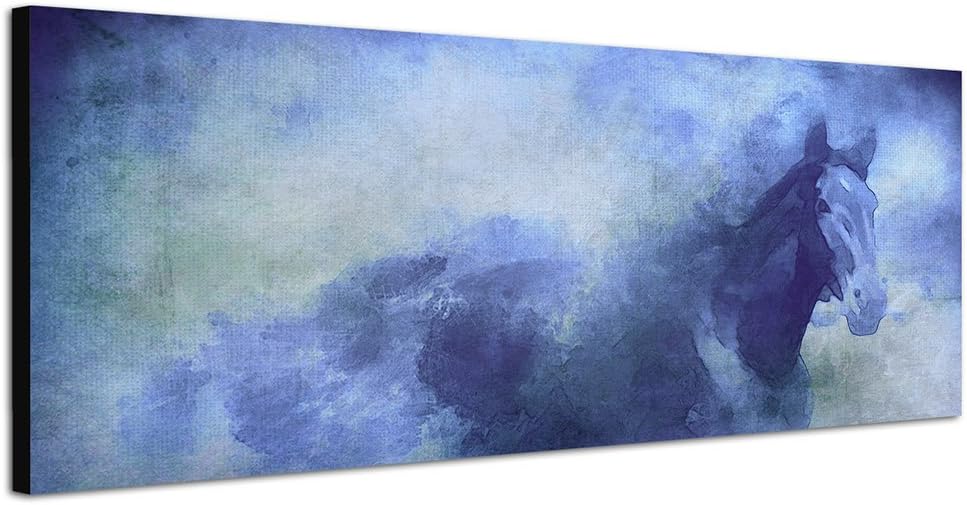 Paul Sinus Art Panoramabild auf Leinwand und Keilrahmen 150x50cm Gemälde Wasserfarben Pferd Nebel