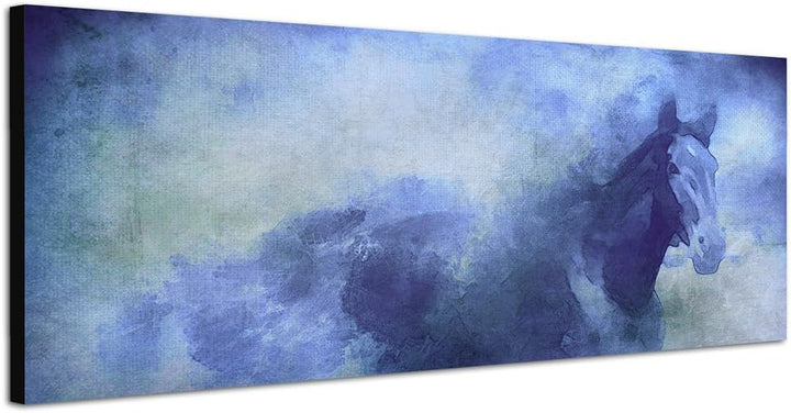 Paul Sinus Art Panoramabild auf Leinwand und Keilrahmen 150x50cm Gemälde Wasserfarben Pferd Nebel