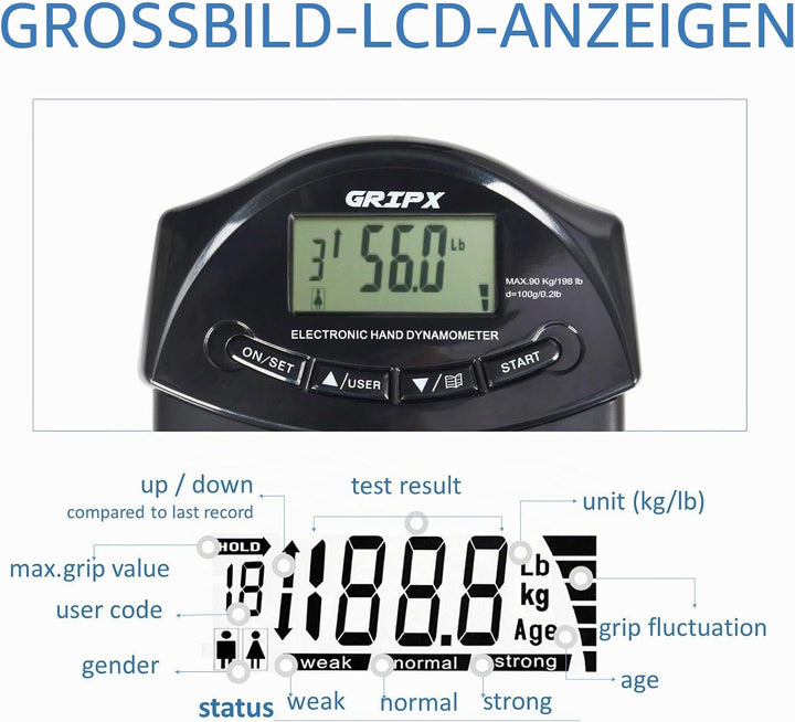 GRIPX Digitaler Handdynamometer Griffstärke-Messgerät Automatische Erfassung der elektronischen Grif