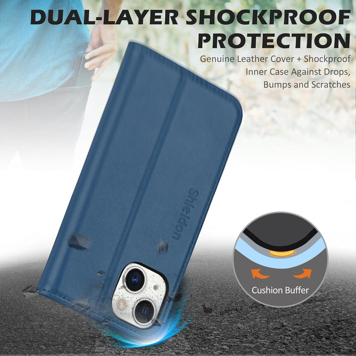 SHIELDON Hülle für iPhone 14 Schutzhülle [Rindsleder] [Stossfest ] [Standfunktion] [Kartenfach] TPU