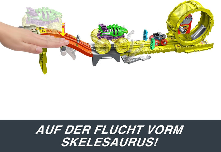 Hot Wheels Monster Trucks Trackset mit 2 Spielzeugtrucks: extragrosser Skelesaurus und 1 Bone Shaker