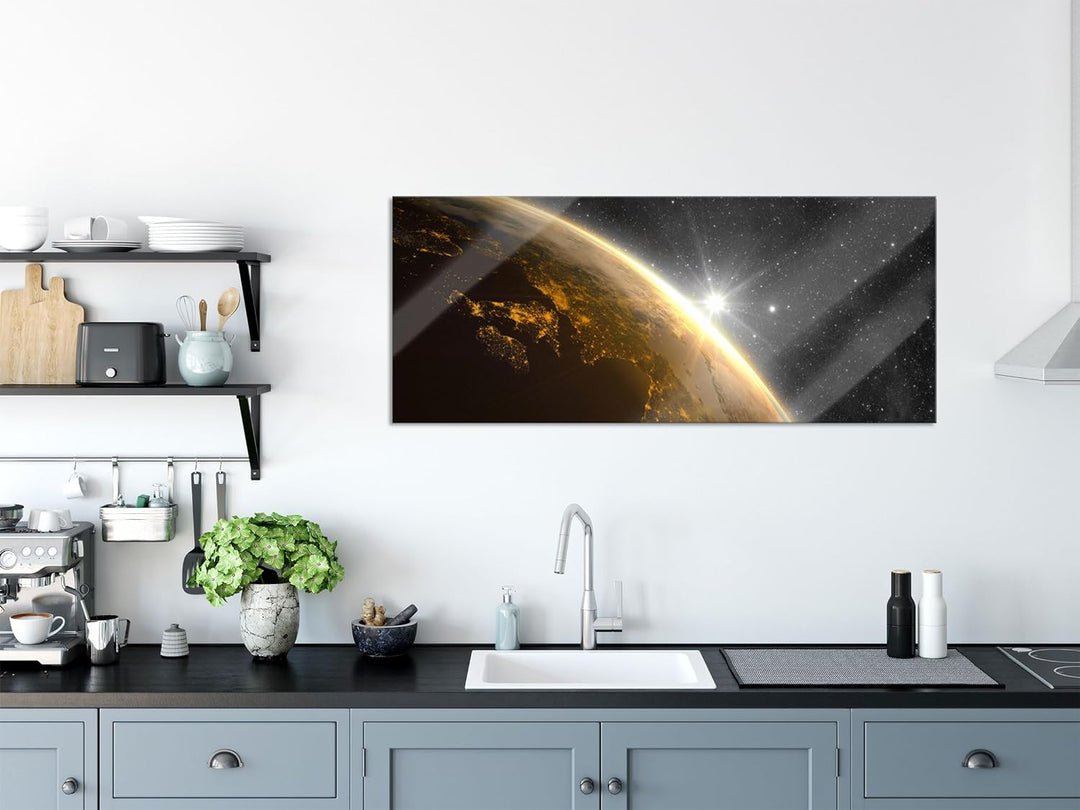 Glasbild Panorama | Wandbild aus Echtglas | Die Sonne und Erde im Weltall | 100x40 cm | inkl. Aufhän