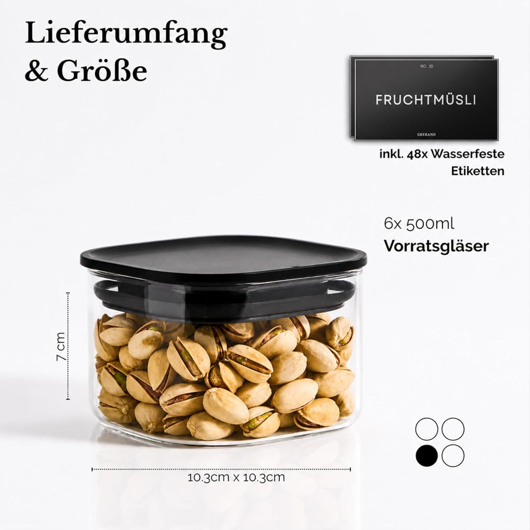 Vorratsgläser eckig mit Deckel 500ml [6er Set] – Vorratsdosen Glas luftdicht & mottensicher – Aufbew