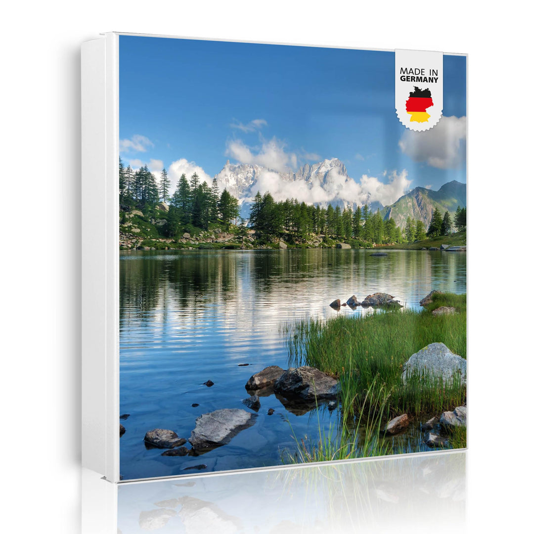 banjado® Grosser Schlüsselkasten Glas/Schlüsselbox 30cm x 30cm mit 50 Haken - Motiv Gebirgssee/Schlü