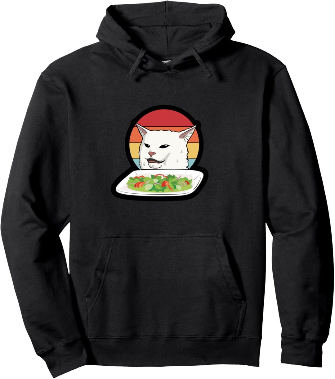 Lustige Frau, die bei Cat Dinner Table Salad Meme schreit Pullover Hoodie
