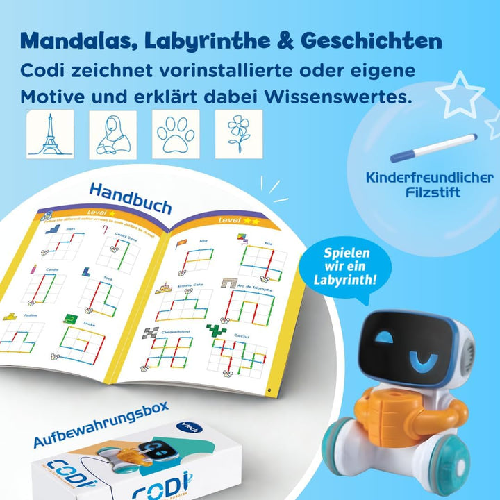 VTech Codi, der clevere Mal-Roboter – Interaktiver Freund, der sich von allein bewegt und mit dem St