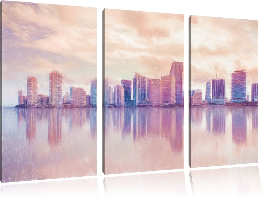 Pixxprint Miami Florida Skyline als Leinwandbild/Grösse: 3 Teilig (120x80 cm) cm/Wandbild/Kunstdruck