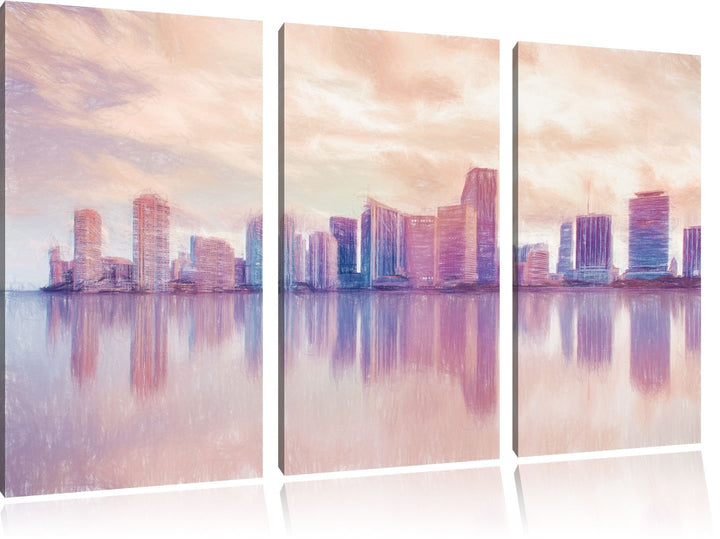 Pixxprint Miami Florida Skyline als Leinwandbild/Grösse: 3 Teilig (120x80 cm) cm/Wandbild/Kunstdruck