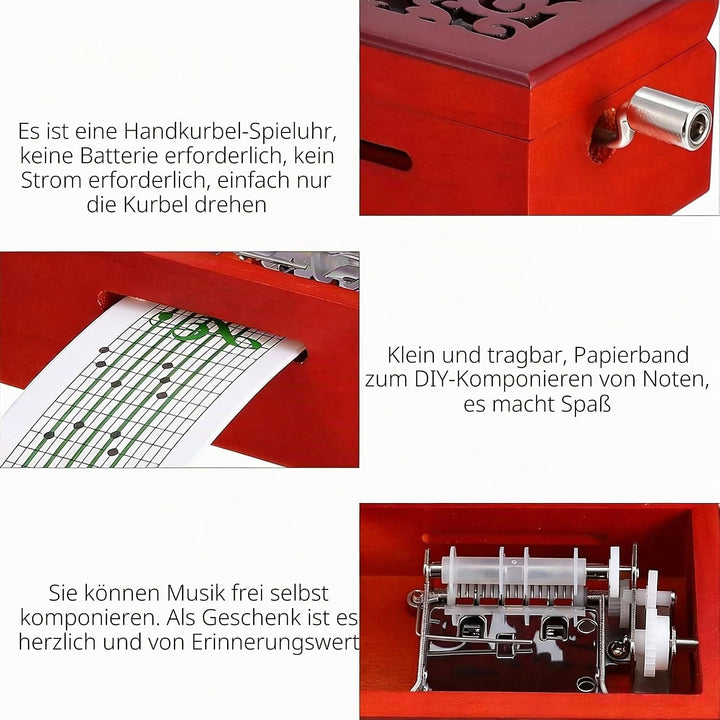 cuzit Antik graviert Vintage Holz Musik Box 15 beachten Bewegung Hand, Kurbel DIY Spieluhr machen YR
