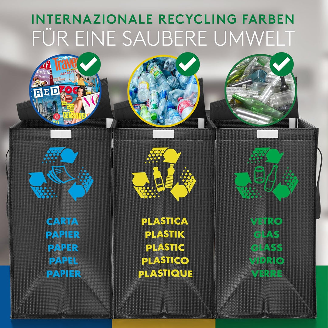 PTMS® Mülleimer 3 Fächer inkl. DECKEL - Mülltrennsystem Taschen für Papier, Glas & Plastik - Recycli