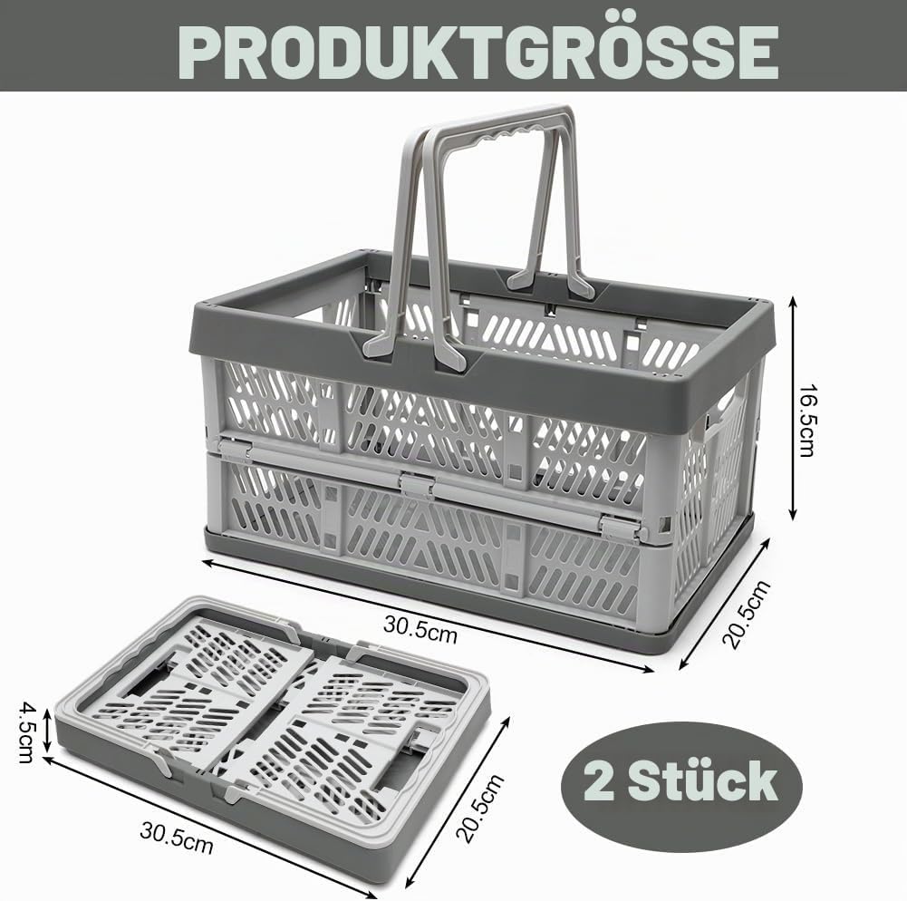 2 Stück Klappbox mit Griff, Einkaufskorb Faltbar, Tragbarer Klappkiste, Klappkorb Plastik, Platzspar