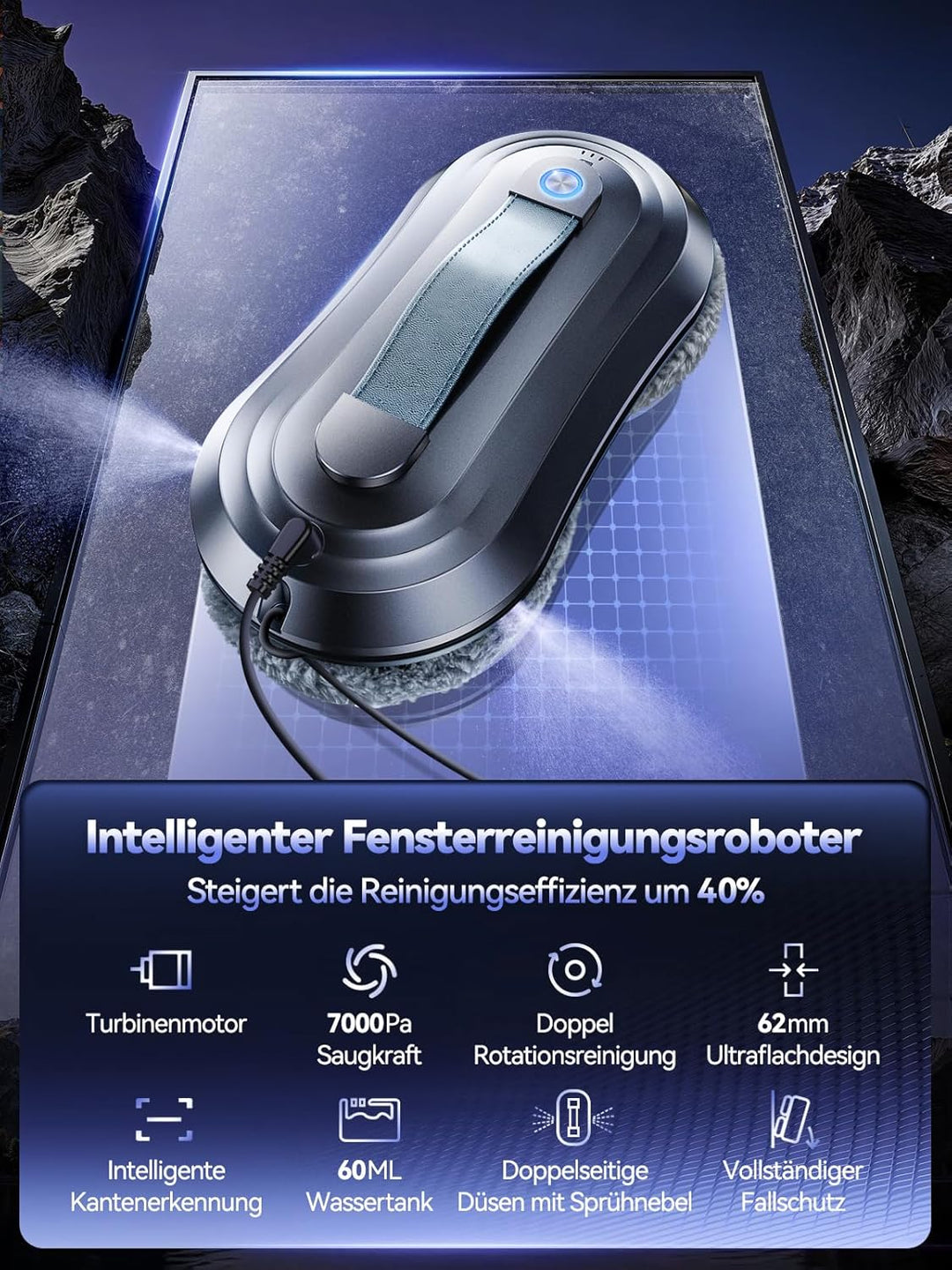 Fensterputzroboter mit Sprühfunktion, Turbo Boost Saugkraft 7000Pa Sternenblau, Sternenblau