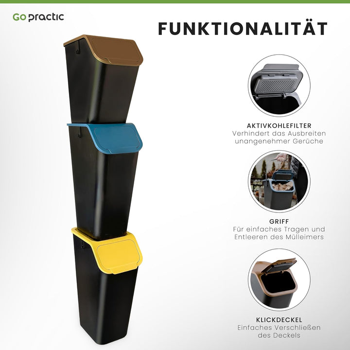 Go Practic 3-er Mülleimer-Set Küche Mülltrennsystem 2x Mülleimer 35l mit Deckel 1x 25l Mülleimer mit