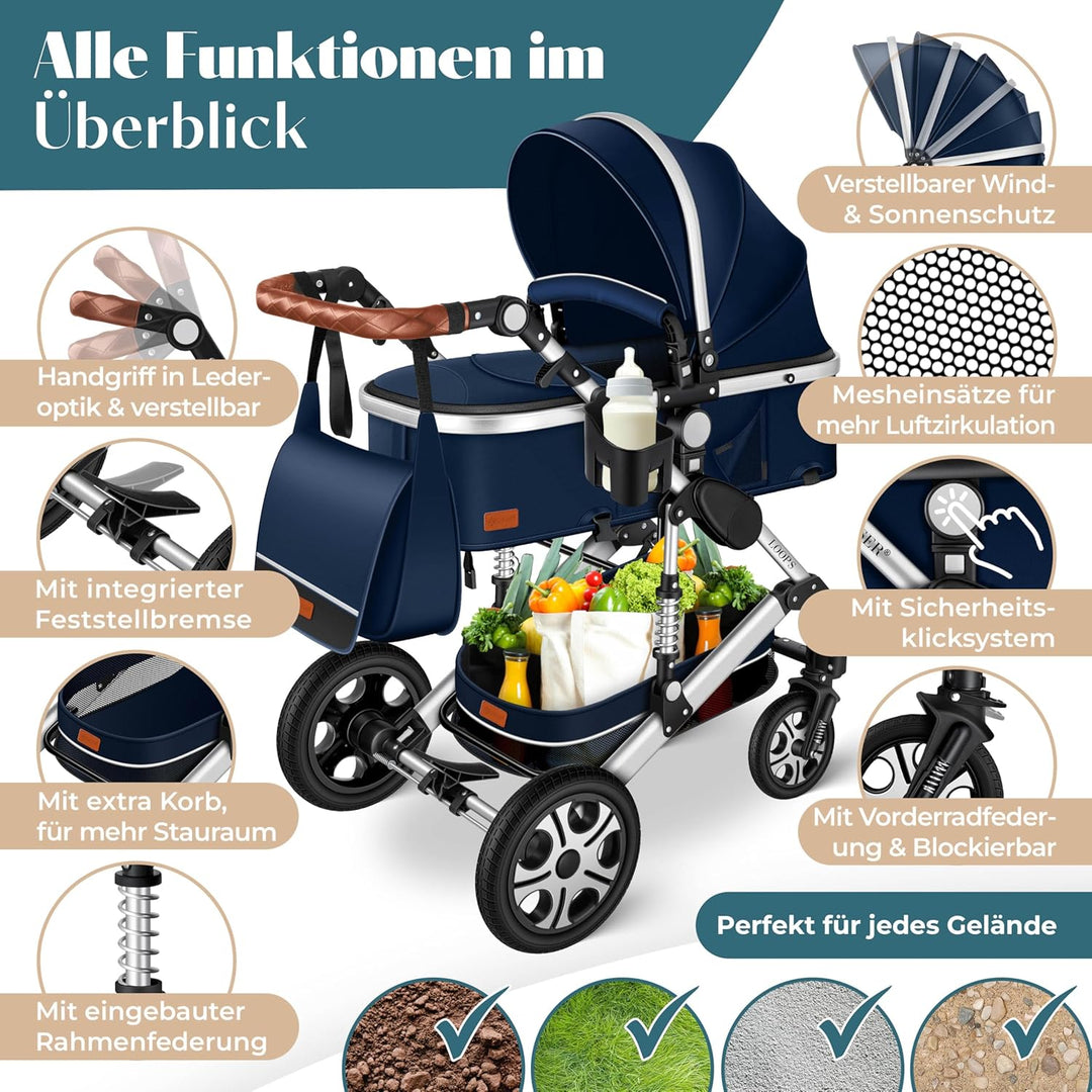 KESSER® Loops 3 in 1 Kinderwagen Kombikinderwagen Komplett-Set inkl. Babywanne &amp; Buggy Sportsitz &amp; A