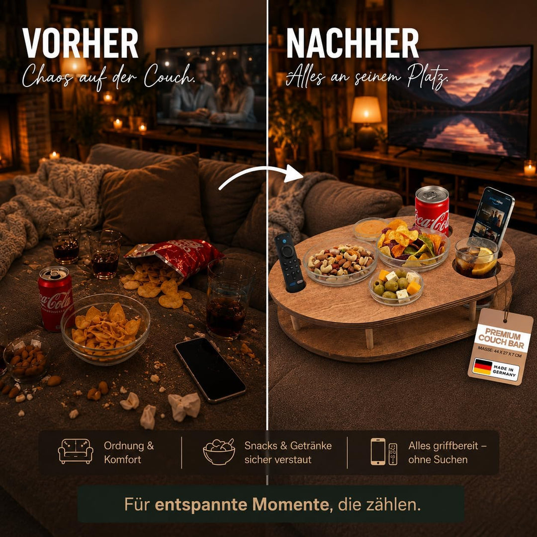 Couchbar Snackbox mit 4 Glasschalen - Sofabar für Snacks und Getränke - Couchtabletts mit Getränkeha