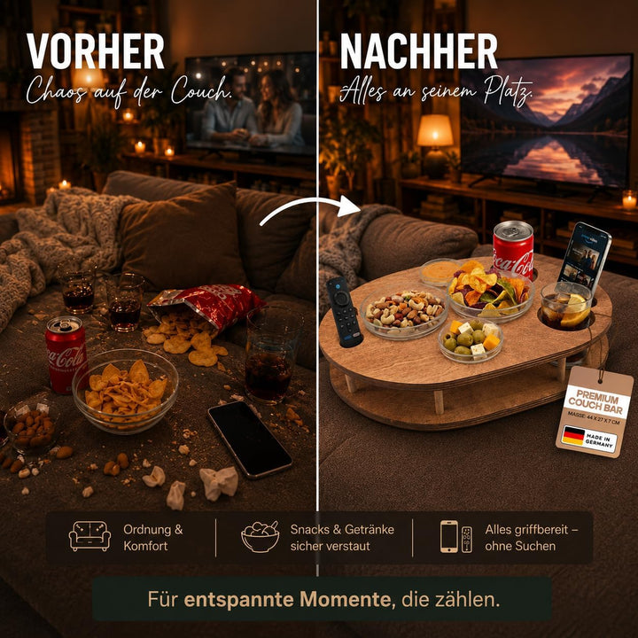 Couchbar Snackbox mit 4 Glasschalen - Sofabar für Snacks und Getränke - Couchtabletts mit Getränkeha